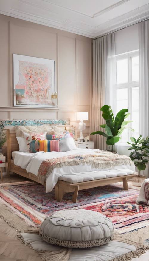 시크한 패턴의 러그, 흰색 목재 가구, 침대 위의 컬러풀한 베개를 갖춘 프레피-보헤미안 혼합 스타일의 침실 인테리어입니다.