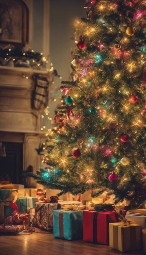 Hediyelerin arasında çok renkli peri ışıklarıyla parıldayan bir Noel ağacı.