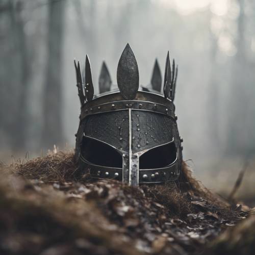 Une couronne de fer de chevalier sur un casque vue sur un champ de bataille médiéval brumeux.