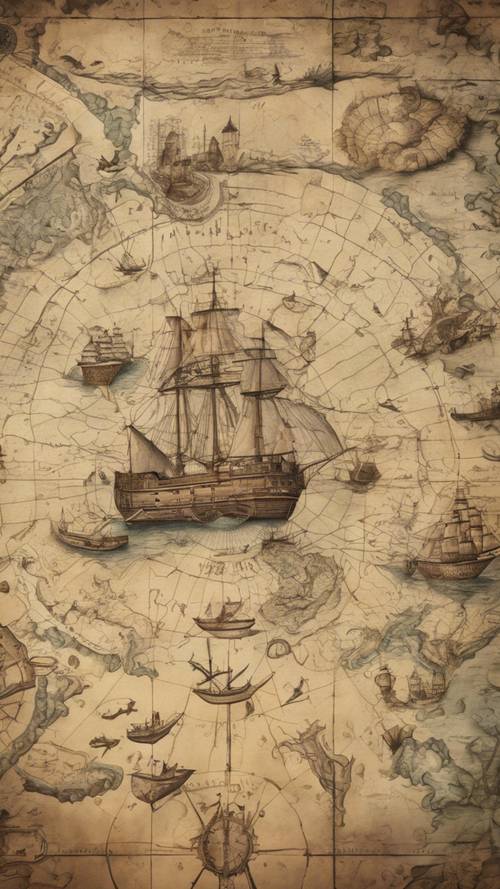 Um mapa náutico do século XVII mostrando águas desconhecidas e criaturas marinhas.