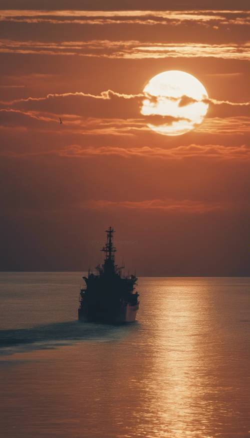 A sunset over a calm ocean with the silhouette of a ship in the distance Behang [21db71ba41cd4b42a11e]