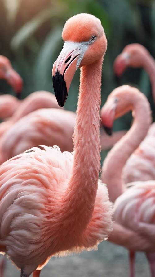 Ein flauschiger, rosa Flamingo erkundet seine Umgebung.