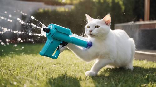 A white Cretan cat frozen in an action shot while having a blasting time with a water gun during a backyard summer party.