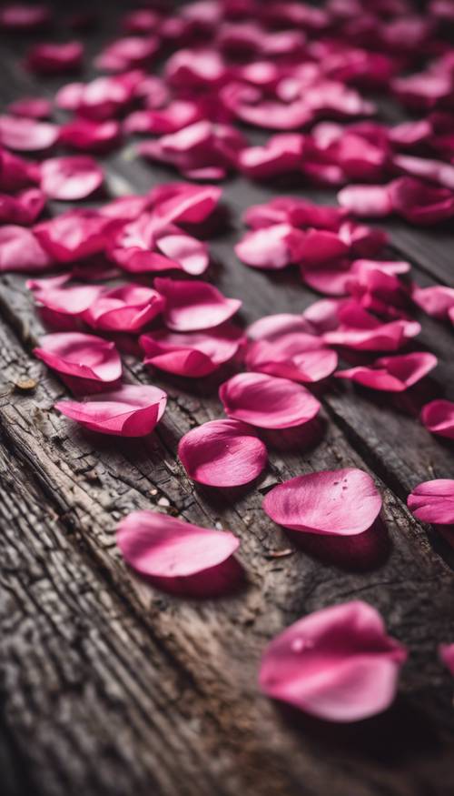 กลีบดอกไม้สีชมพูเข้มกระจัดกระจายอยู่บนโต๊ะไม้ที่มีสภาพทรุดโทรม