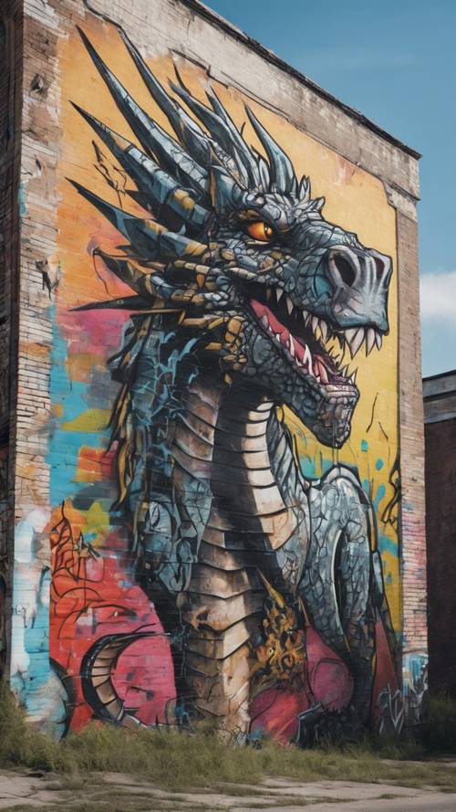 An edgy punk dragon graffiti mural on the side of an abandoned city building.