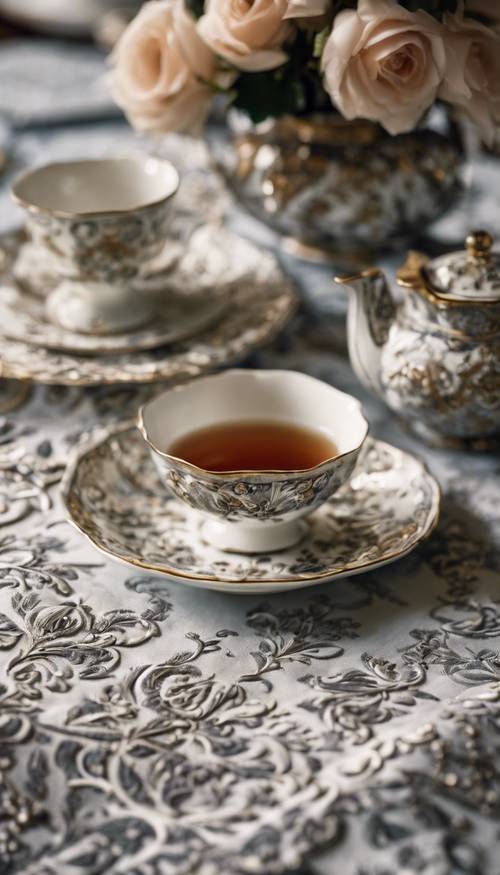 Close-up de uma velha toalha de mesa de damasco com um arranjo de jogo de chá sobre ela.