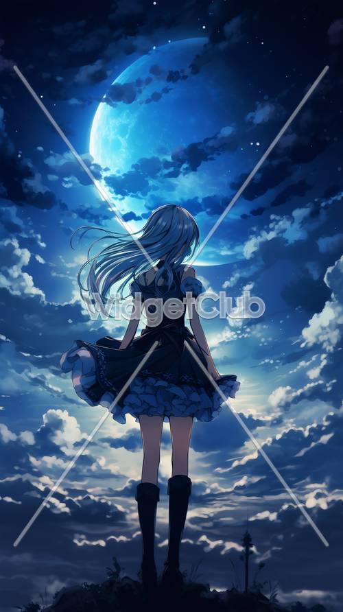 Girl and Moonlit Sky Background