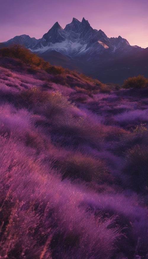 Une impressionnante chaîne de montagnes au crépuscule, des nuances de violet se mêlant aux restes de lumière du jour.