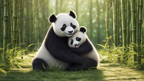 A humorous scene of a panda refusing to share its bamboo with its cub.