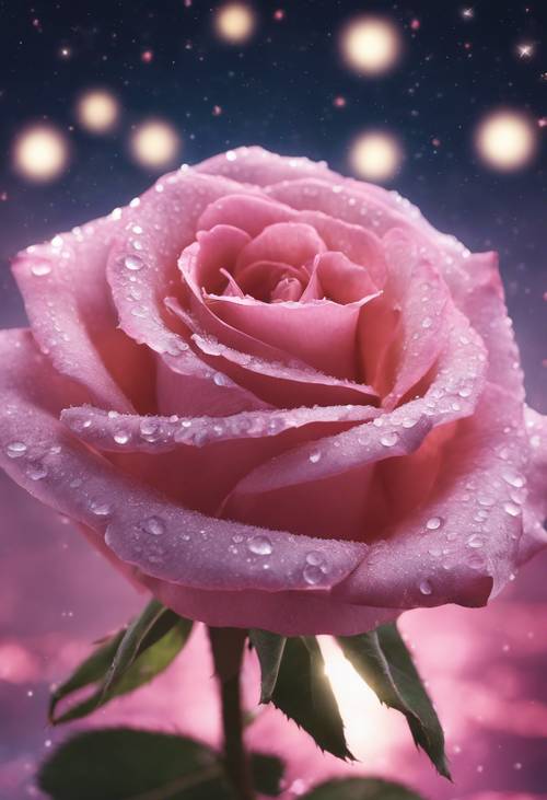 一朵粉紅色的玫瑰沐浴著月光，在星空下綻放。