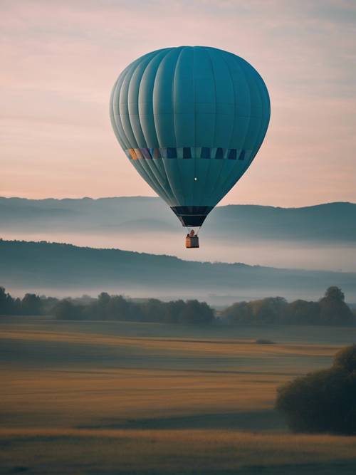 A tranquil scene featuring a pastel blue hot-air balloon floating in the dusk sky.