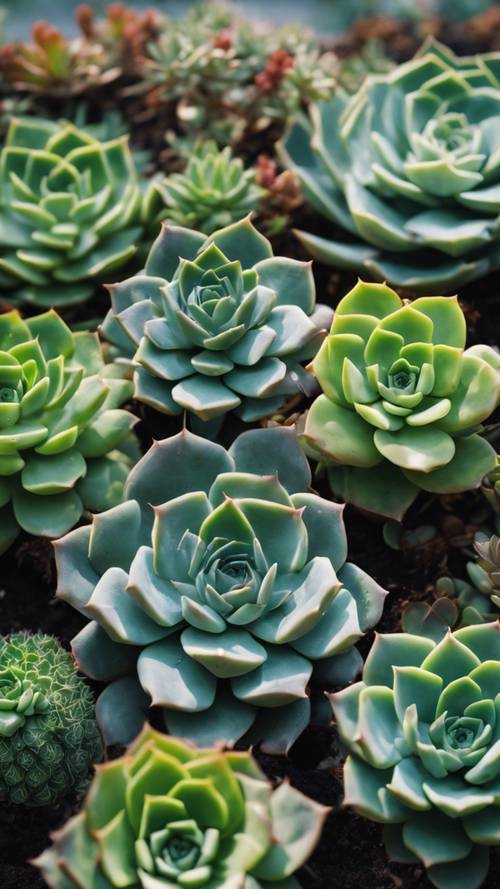 A close-up shot of a variety of green succulent plants. Шпалери [58d8b30eff09496f9eaf]