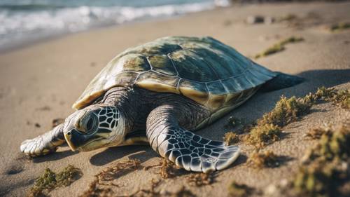 Uma tartaruga marinha envelhecida com carapaça coberta de musgo descansando à beira-mar.