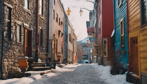 Uno stretto vicolo nel centro storico di Montreal, con strade acciottolate, lampioni in stile antico e case colorate.