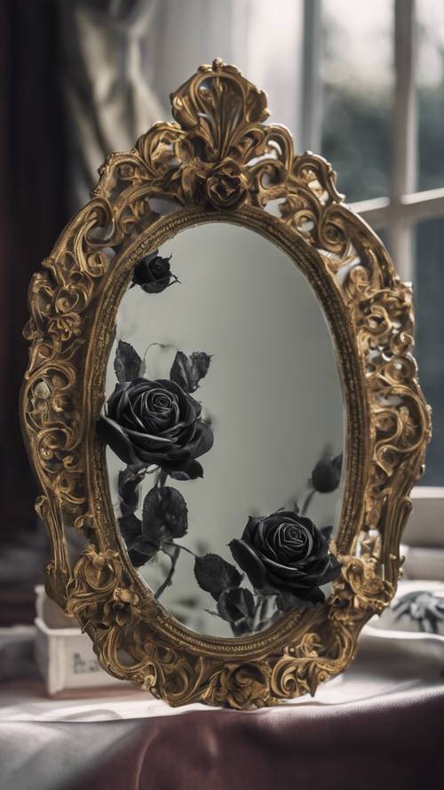 A Victorian-style mirror ornately framed with intricately designed black roses.