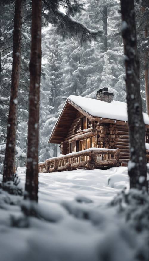 A rustic log cabin nestled amongst tall pine trees, all covered in fresh, soft snow.