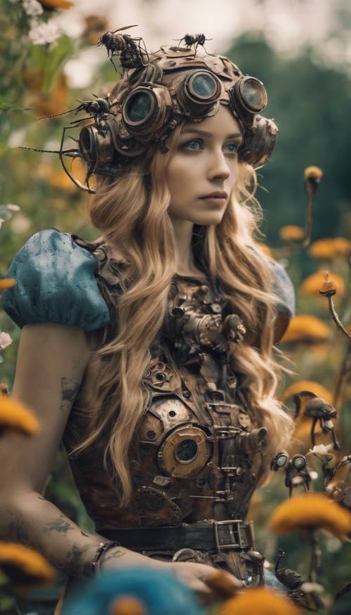 Alice steampunk vagando em um jardim de flores de metal enferrujadas e insetos biônicos.