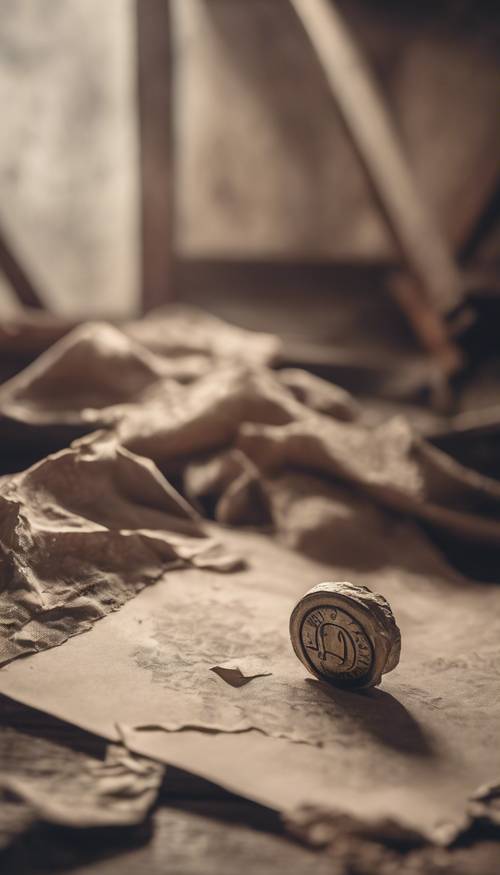 Un solitario trozo de papel antiguo arrugado con un sello estampado que descansa sobre el polvoriento suelo del ático.