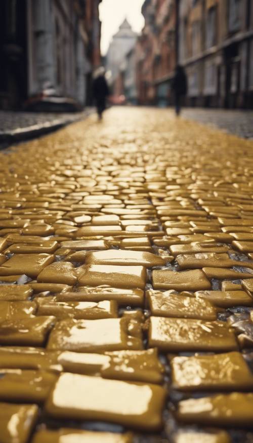 Una storica strada cittadina pavimentata con scintillanti mattoni gialli dopo una doccia a pioggia.