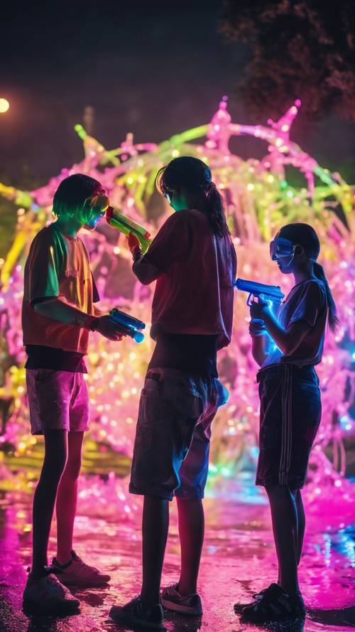 A group of cyber-Y2K teenagers having a glowing neon water gun battle in a chrome park.