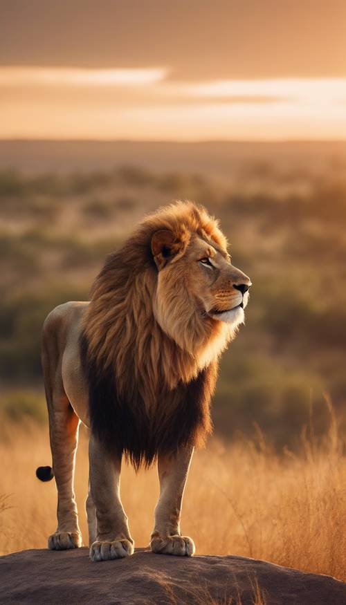 A mature, majestic lion standing proudly atop an African hill at sunset.