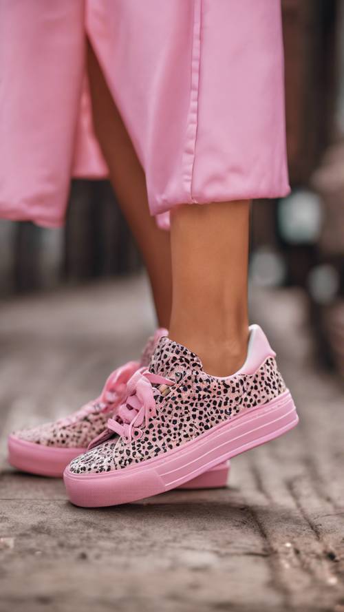 A fashionable sneaker adorned with shades of pink cheetah spots.