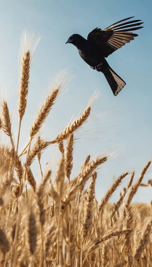 An adolescent black bird flying over an open field, with golden wheat below and a clear blue sky above.