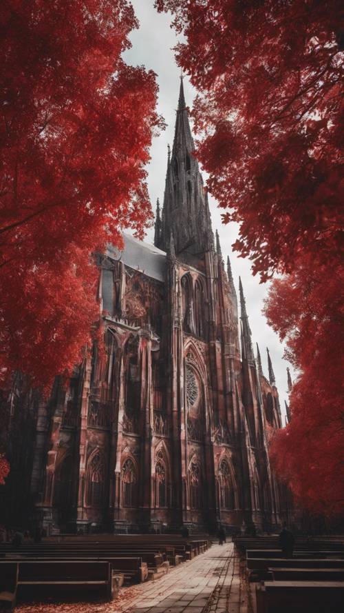 Sombría catedral gótica roja con imponentes agujas