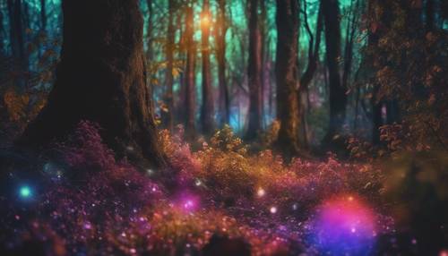 An enchanted forest at nightfall, basking in the glow of a multicolored aura. Tapeta na zeď [0d4573a2bf474114a38f]