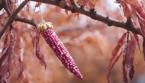 A Thanksgiving ornament of pink corn hanging on an autumn tree.