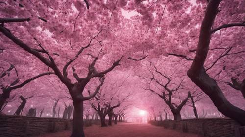 Uroczy gaj kwitnącej wiśni pod promiennym srebrnym księżycem, tworząc zapierający dech w piersiach luminescencyjny różowy spektakl.