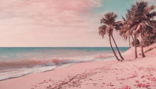 Una scena vintage sulla spiaggia con palme dalle foglie rosa pastello.