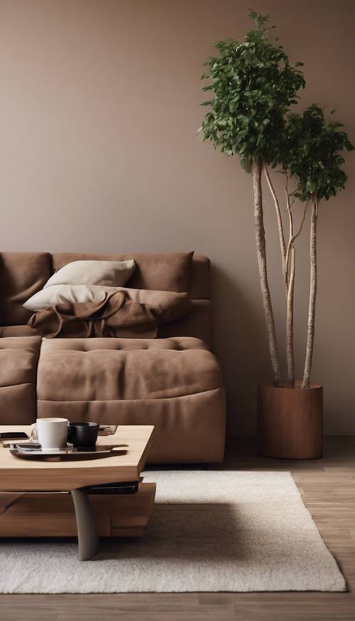 Ein braunes, minimalistisches Wohnzimmer mit einem modernen Sofa, einem schlichten Couchtisch und kahlen Wänden.