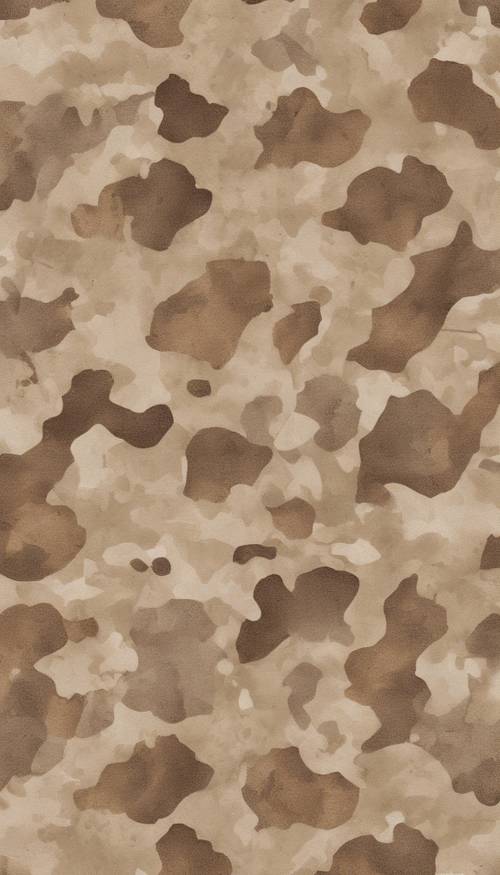 은은한 질감이 있는 브라운, 토프, 베이지의 모래 색조가 있는 사막 카모 패턴입니다.