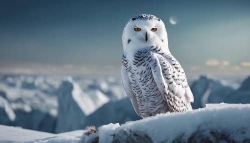 A white snowy owl perched stately on a glacier under the moonlight.