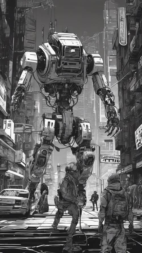 Artificial intelligence robots pursuing a rebel hacker in a monochrome cyberpunk city.