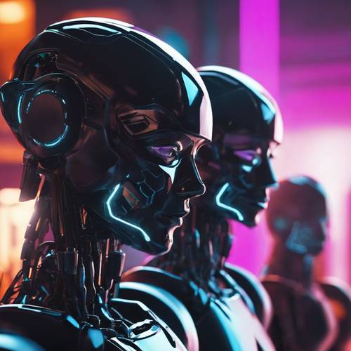 Um grupo de robôs futuristas, projetados em estilo preto neon, em uma fábrica altamente avançada.
