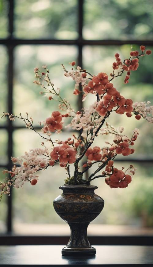以複雜設計為導向的日本花卉插花，代表寧靜與和諧。
