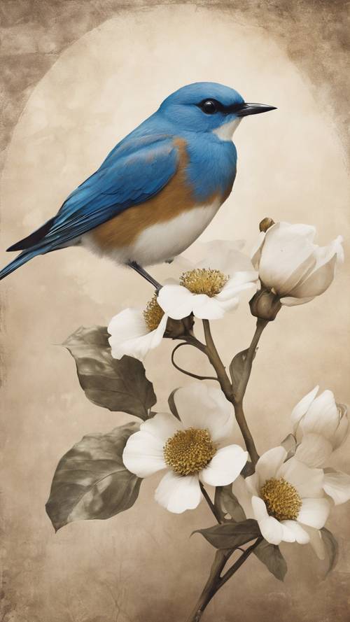 A vintage inspired painting of a blue bird sitting on a white flower with a sepia-toned background