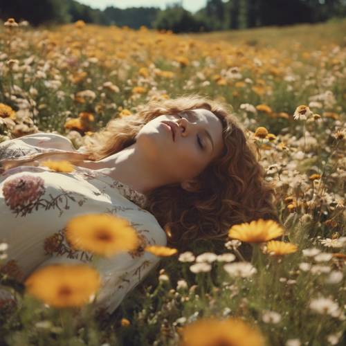 A flower child laying in a meadow of wild 70s flowers