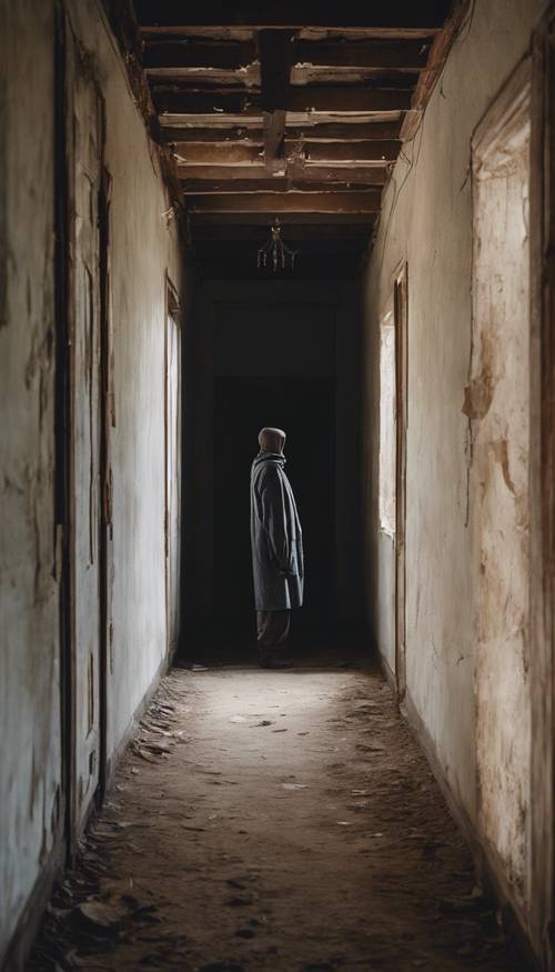 Une silhouette sombre se tenant au bout d’un long couloir dans une vieille maison décrépite.