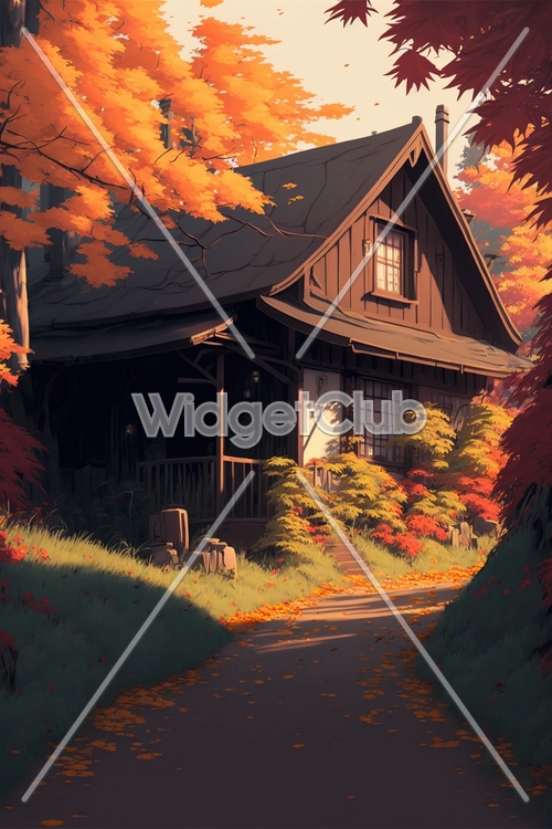 Autumn Cabin in the Woods Tapet[430e7fc7c53043548561]
