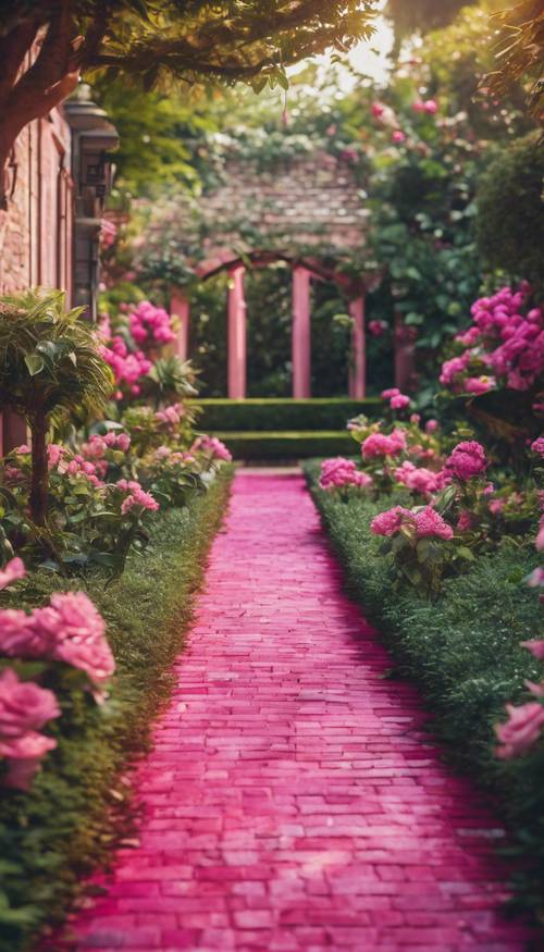 Jalur bata merah muda cerah yang dirancang dengan rumit mengarah ke taman yang rimbun.