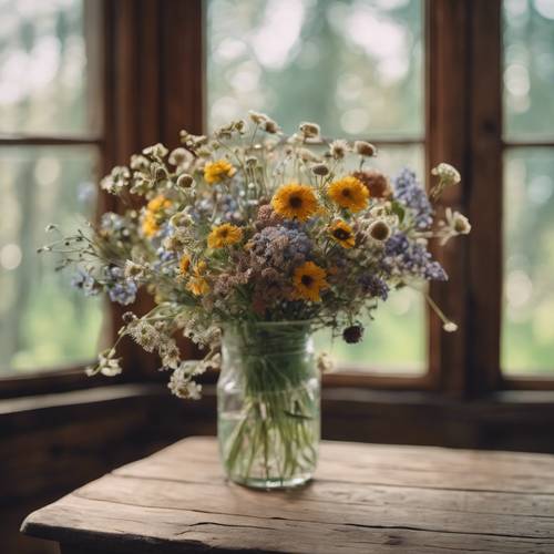 Handgepflückter Strauß Feldblumen auf einem antiken Holztisch im Herzen eines Cottagecore-Zimmers.