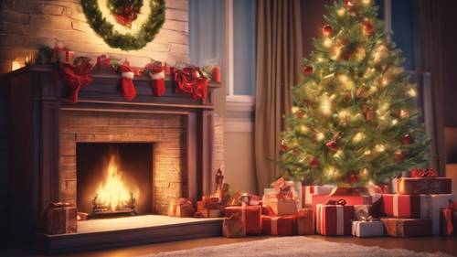 Representación de estilo anime de una cálida escena navideña con una chimenea que incluye un gran árbol decorado y varios regalos.
