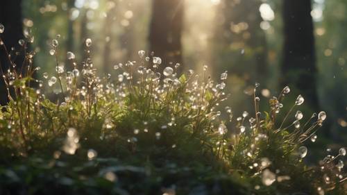 Sabah güneş ışığının ağaçların arasından süzüldüğü, ormandaki çiy öpücüğü çiçek ve bitkilerin animasyonlu tasviri.