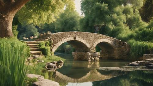 田園詩般的法國鄉村風光，寧靜的小溪上有一座石橋，溪流中棲息著鴨子，周圍環繞著鬱鬱蔥蔥的綠色植物。
