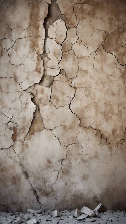 An old weathered plaster wall with deep cracks and loose particles, evidence of time.