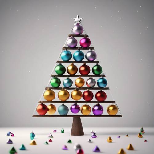 A minimalist Christmas tree illustration with colorful triangle baubles