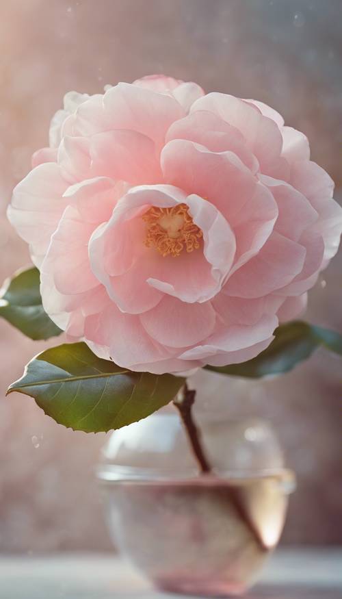 A delicate, pastel-colored still-life painting of a camellia.
